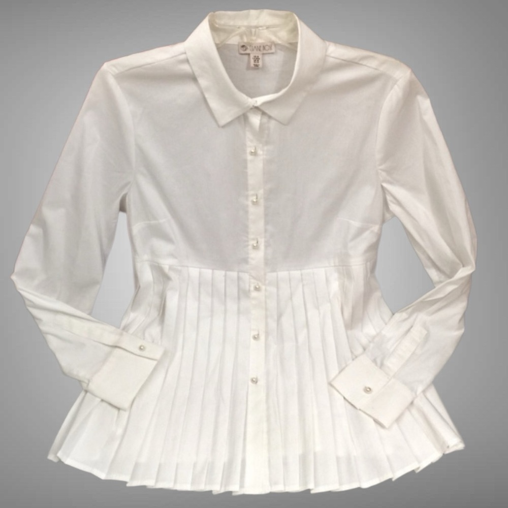 Elaine Rose white empire waist pleated long sleeve blouse- M